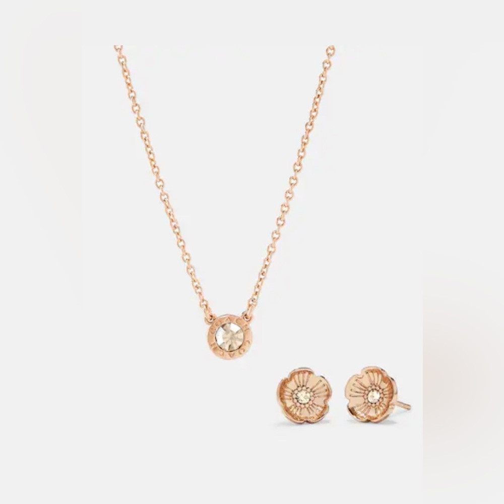 Coach Open Circle Necklace and Tea Rose Stud Earrings Set